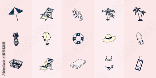 A collection of summer vacation icons beach items and tropical symbols