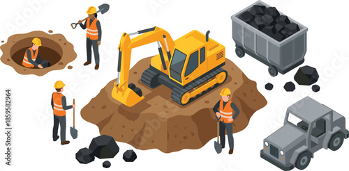 Isometric construction site illustration with excavator, workers, digging pit, heavy machinery, coal cart, and roadwork infrastructure concept for engineering projects