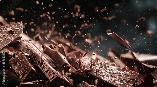 Exploding dark chocolate fragments against a dark background.