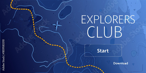 Explorers club design with a dotted path start button and map elements