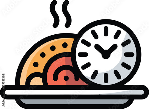 Steaming Hot Meal Served on Time Vector Graphic Illustration of Food with Clock Symbol