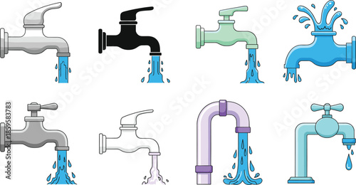 Water faucet and tap icons collection with flowing water splashes for plumbing and utility concepts isolated on white background vector set