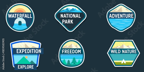 Collection of colorful outdoor adventure badges and emblems in a graphic design