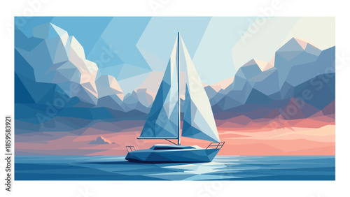 Geometric sailboat at sunset with dramatic sky and calm ocean in polygonal art style