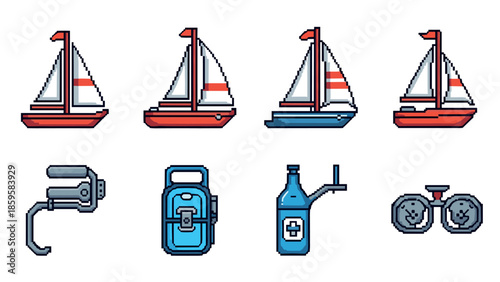 Pixel art nautical and travel icons collection for digital projects