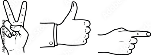 Peace sign thumbs up and pointing hand gestures line art