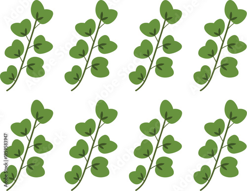 Vector pattern of green leaves on a white background, repeating plant elements