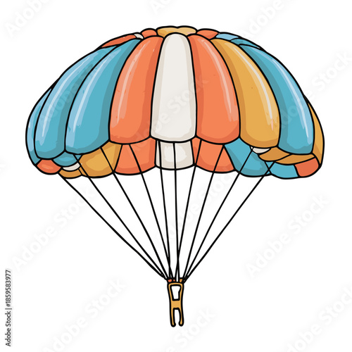 Colorful parachute with suspension lines and harness, featuring a vibrant striped canopy design, ready for an exciting skydiving adventure or a safe descent.