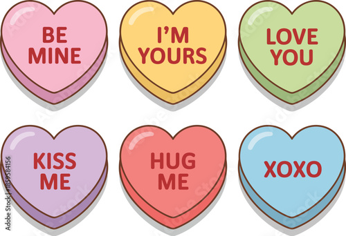 Assortment of sweet pastel heart candies adorned with loving messages and affirmations