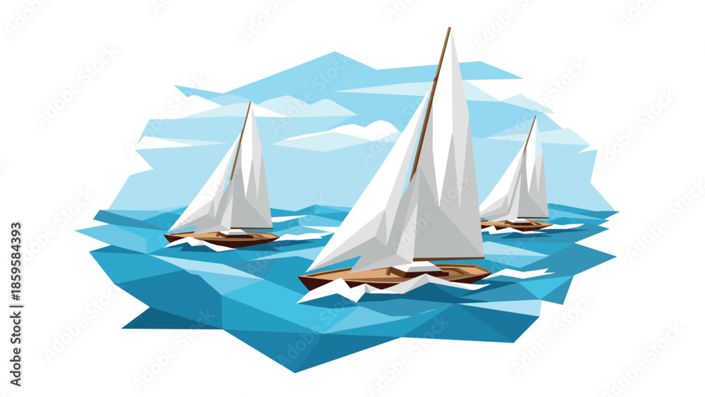 Fototapeta premium Geometric sailboats in ocean with waves and clouds