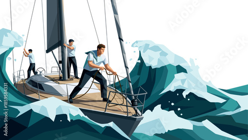 Sailors navigating rough ocean waves on a geometric sailing yacht