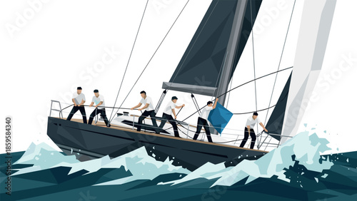 Team sailing adventure on a modern yacht in low poly style amidst ocean waves