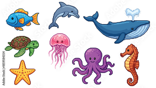Colorful marine animals set with cute pixel art style design