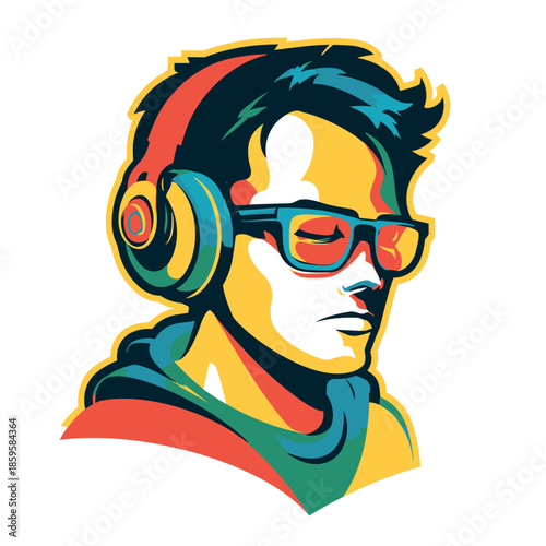 Youth wearing headphones and glasses in a vibrant pop art style illustration, showcasing modern music and digital culture with bold colors.