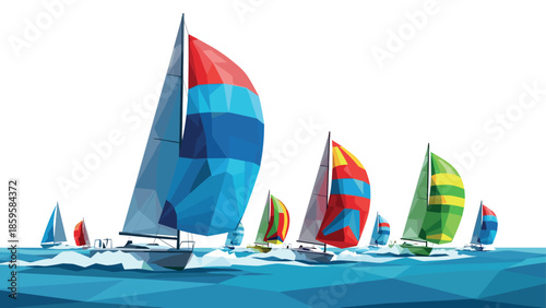 Vibrant geometric sailboats in motion on a colorful ocean