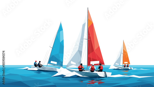 Colorful geometric sailboats on abstract low poly ocean adventure