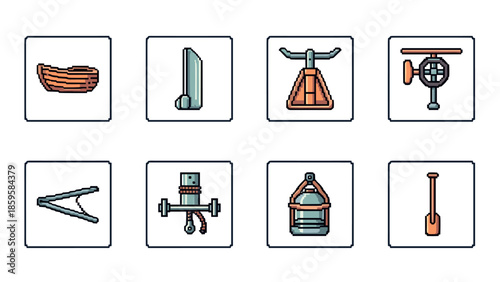 Retro pixel art collectible nautical tools set with classic maritime equipment