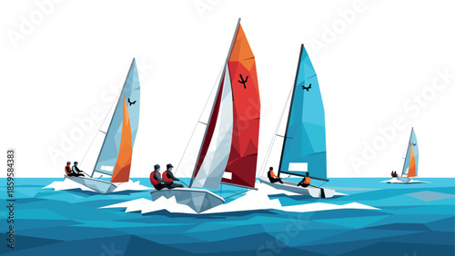 Geometric sailing regatta with colorful sails on open sea