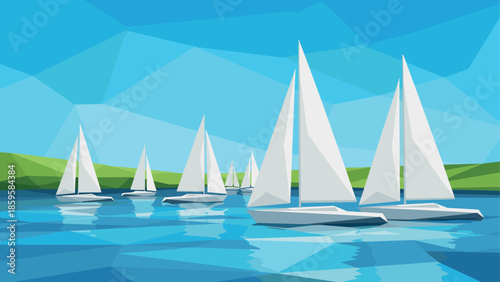 Geometric sailboats on a serene lake with blue sky and green hills