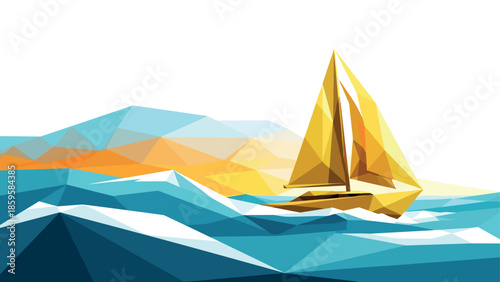 Geometric sailboat on vibrant seas with colorful polygonal landscape