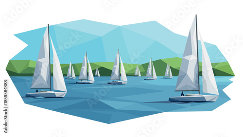 Geometric sailboats on lake with scenic background in polygon art style