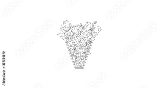 letter v alphabet coloring page with bouquet of flowers