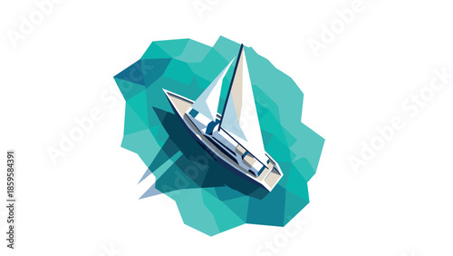 Geometric sailboat on turquoise waters with low poly design