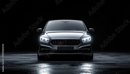Front view of white sedan car with headlights on in dark setting, sleek contours and symmetrical design.