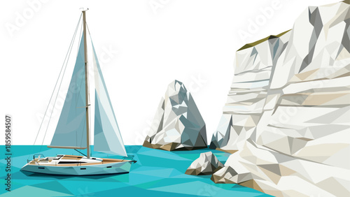 Geometric sailboat near rocky cliffs in turquoise waters