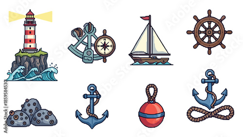 Nautical icons collection featuring lighthouse and anchors in pixel art style