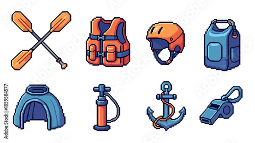 Pixel art water sports collection: essential equipment in retro style