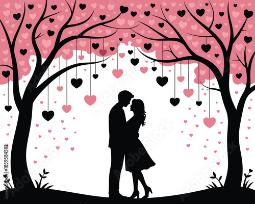 Couple Under Heart-Covered Trees Silhouette, Romantic Scene