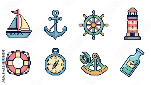 Nautical pixel art icons set featuring ship, anchor, lighthouse, and compass