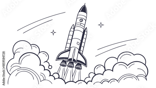 A vector illustration of a space rocket flying through the sky on a space mission