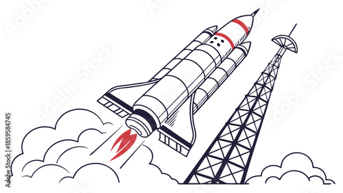 A powerful rocket launches into the sky and travels through space for exploration and technology missions