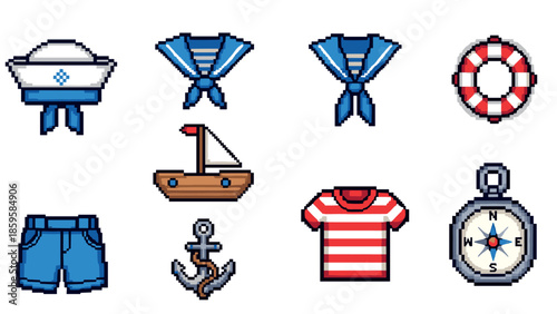 Retro nautical icons: sailor hats, ships, anchors, and compasses in pixel art style
