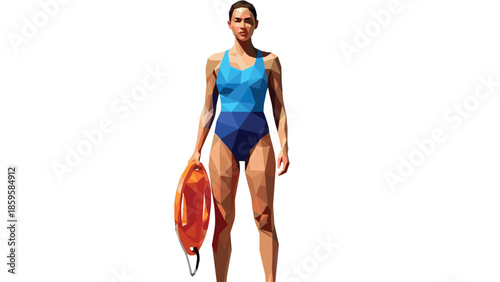 Low poly female lifeguard with buoy in swimsuit against white background