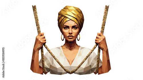 Polygonal portrait of a woman in turban holding ropes
