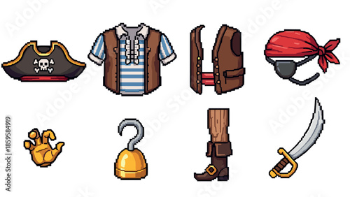 Pixel art pirate attire and accessories collection
