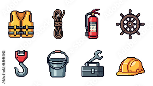Colorful pixel icons of maritime equipment and safety gear