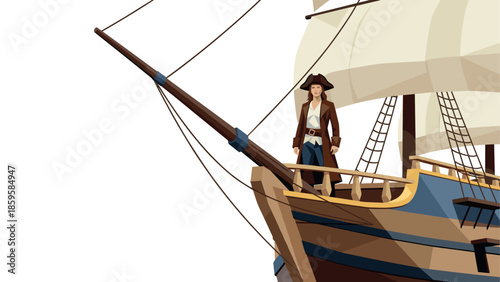 Pirate woman standing on ship bow with sails set against white background