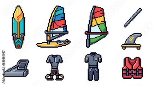 Pixel art water sports gear collection: windsurf and safety equipment icons