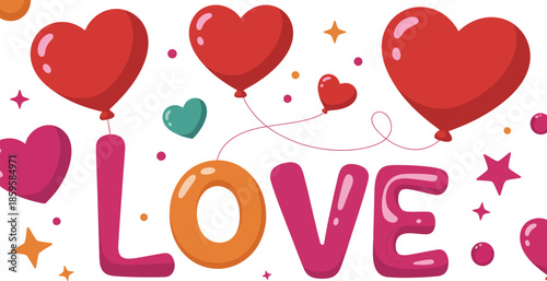 Happy Valentine's Day with Colorful Hearts and Balloons Illustration