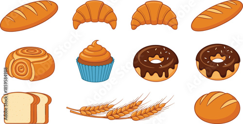 Bakery bread and pastry icons collection with croissants, donuts, cupcakes, loaves, and wheat isolated on white background vector illustration