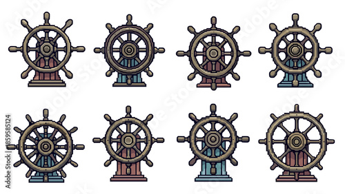 Retro nautical ship wheels in pixel art style