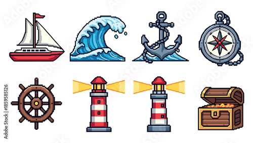 Nautical icons set featuring sailboat, anchor, lighthouse, and compass in retro pixel art style
