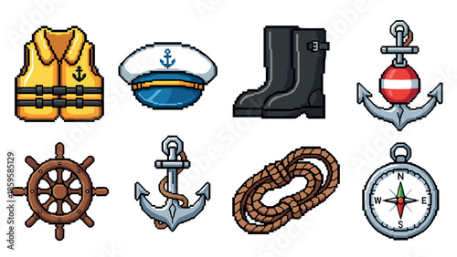 Nautical pixel art icons featuring sailor hat, anchor, and compass