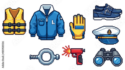 Pixel art nautical gear collection: jacket, hat, shoes, and more
