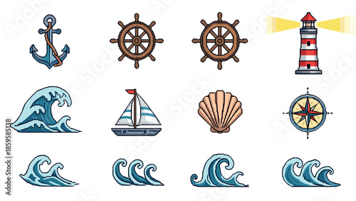 Nautical icons collection: anchor, ship wheel, lighthouse, waves, and more