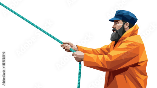 Geometric portrait of bearded sailor holding rope in low poly art style